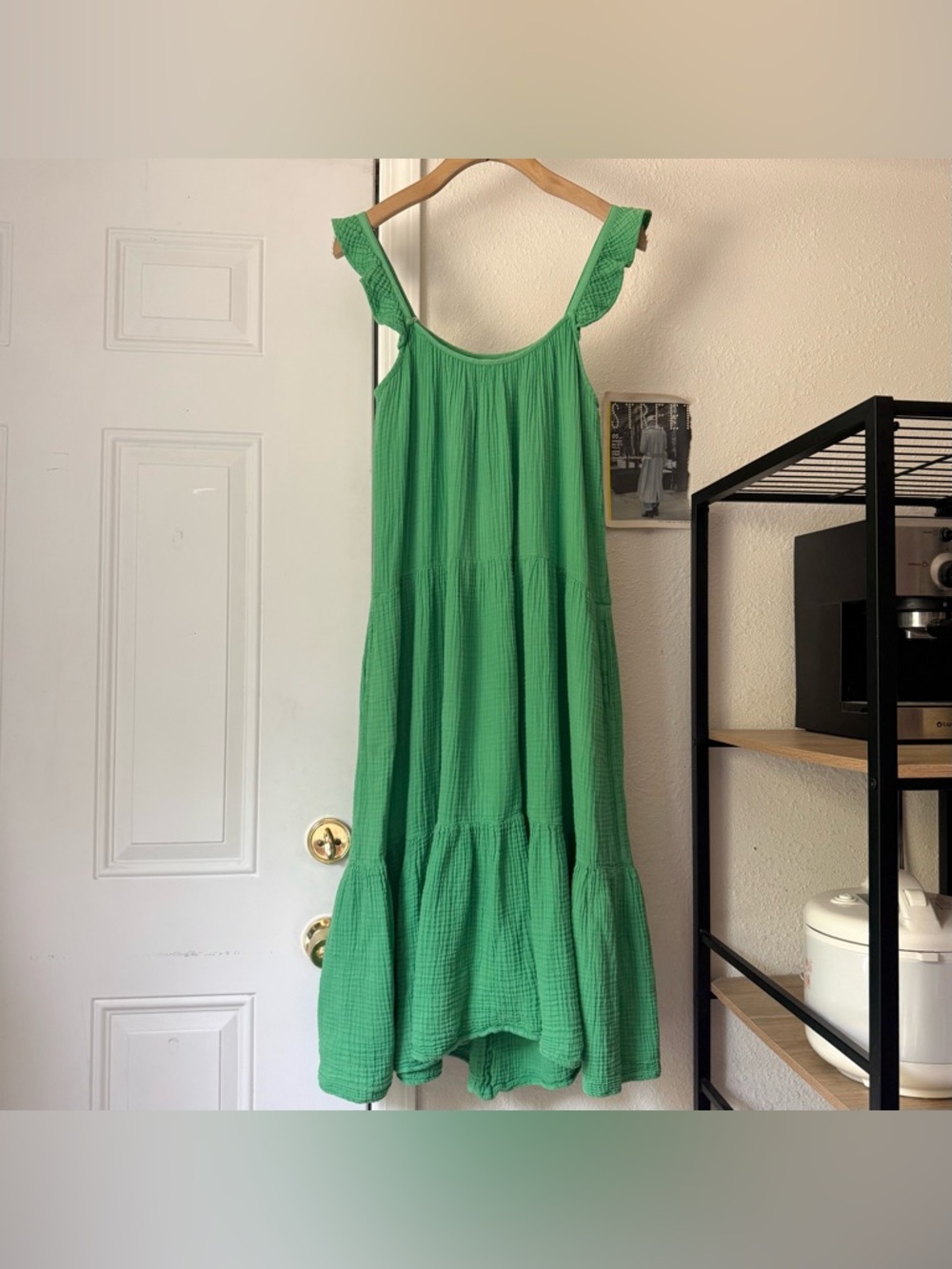 XIRENA Kelly green cotton gauze tiered ruffle sleeveless midi dress